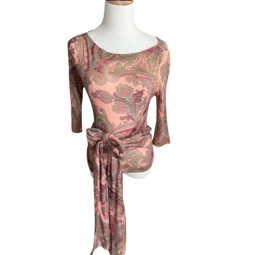 Etro Y2K paisley wool tie waist‎ top fitted women's M boho designer 3/4r sleeve